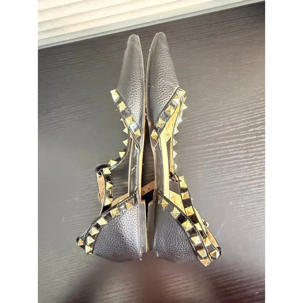 Black Studded T-Strap Pointed Toe Flats Womens EUR 36 Rockstud Style Ankle Strap - Picture 10 of 15